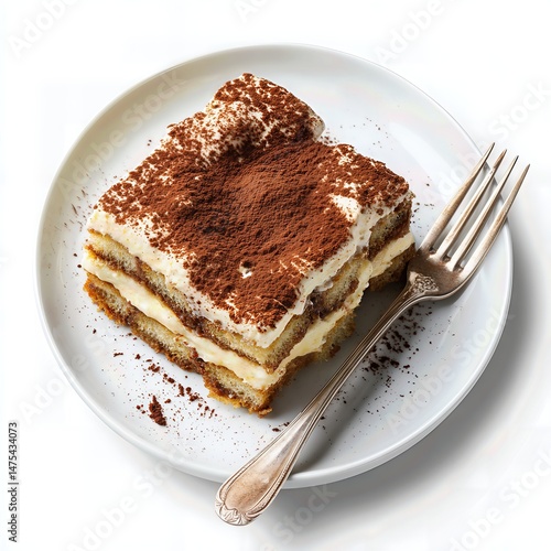 Delicious Italian tiramisu dessert on a white plate with a fork top view white background