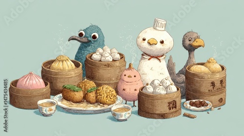 Cute animal characters serving various dim sum dishes.