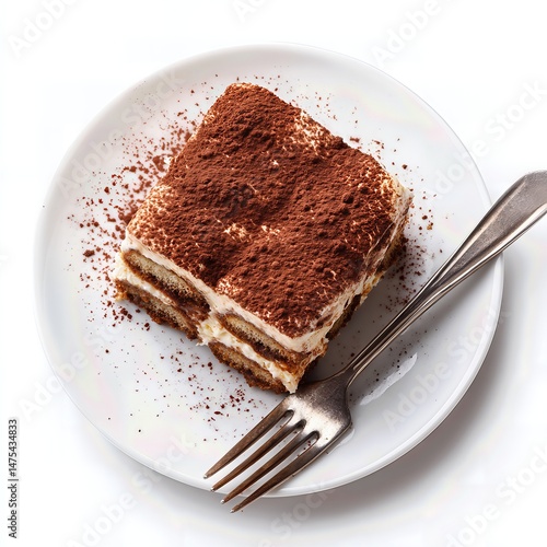 Delicious classic tiramisu dessert slice on white plate with fork top view white background