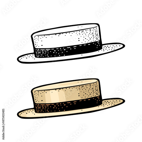 Hat with ribbon. Vintage color engraving illustration. Isolated on white background. Hand drawn design element for poster