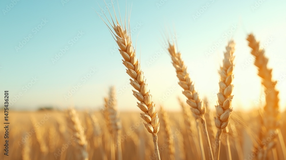 Fototapeta premium Golden Wheat Stalks Growing Under A Clear And Blue Sky