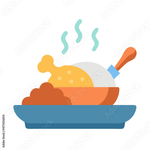 Hot Chicken and Rice Plate Flat Illustration