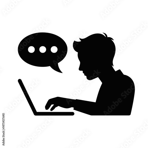 A silhouette of a person typing on a laptop is depicted, with a speech bubble indicating communication.