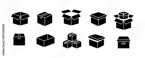Set of black icons of boxes of different shapes. Cardboard packaging boxes for delivery. Vector illustration.