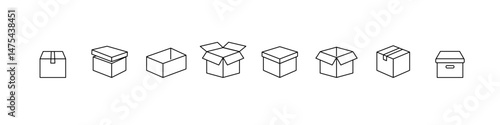 Set of linear icons of boxes of different shapes. Cardboard packaging boxes for delivery.