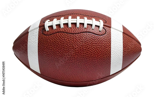 An american football with white stripes and stitches, brown leather texture, isolated on a png background