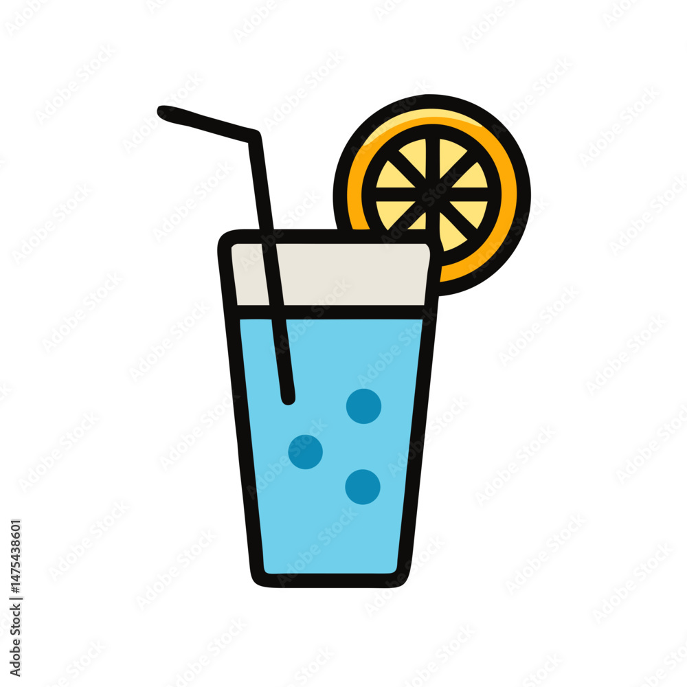 Obraz premium Refreshing sparkling water icon with lemon, straw, bubbles