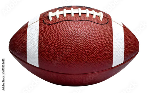 An american football with white stripes and stitches, brown leather texture, isolated on a png background