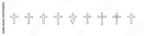 Set of cross icons. Christian, religious symbols of crucifixes in outline style. Line art. Vector illustration.