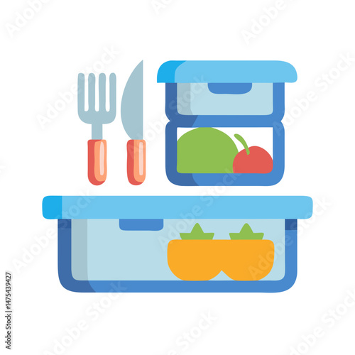 Packed lunch containers with fork and knife illustration