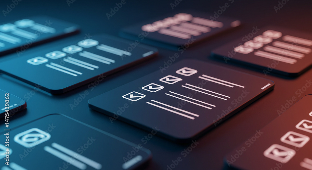 Obraz premium Minimalist checklist icons arranged in a grid pattern, conveying task management, and productivity in a modern, digital style.