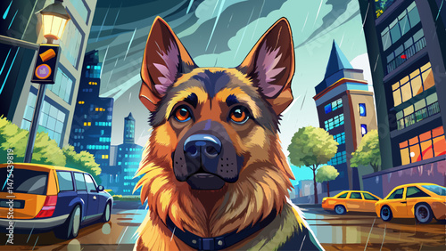  portrait close up German Shepherd dog sits in city street, rain, police car. Very beautiful