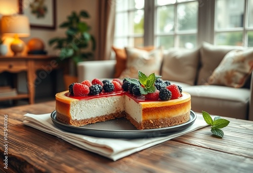 Vegan cheesecake with berries on a rustic table