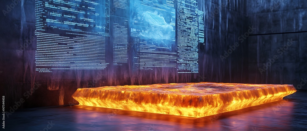 Naklejka premium A podium made of glowing Arctic ice core samples, wall with climate history data visualization.