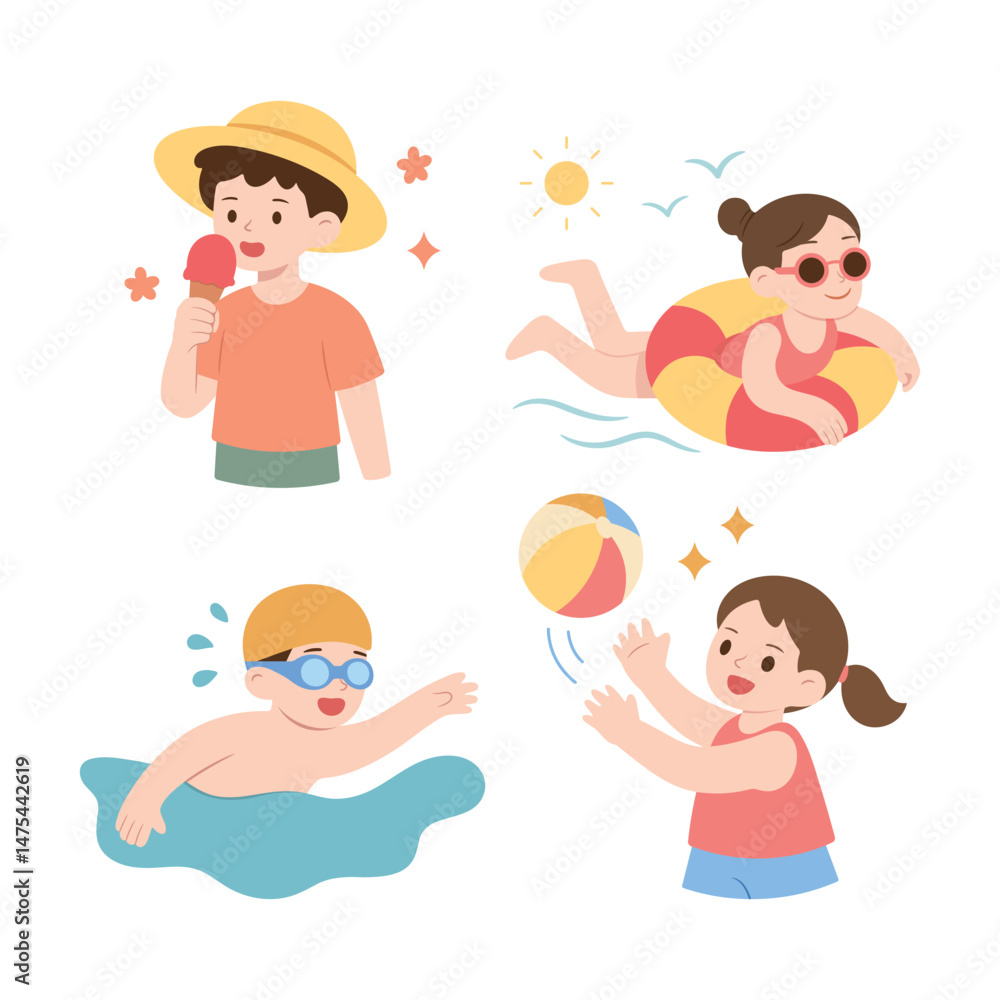 Kids enjoying summer activities: eating ice cream, swimming, playing with a beach ball, and floating on a swim ring under the sun. Vector illustrations set. Kids enjoying summer activities: eating ice cream, swimming, playing with a beach ball, and floating on a swim ring under the sun. Vector illustrations set.
