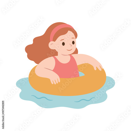 A little girl floats in the water using a swim ring. A playful summer illustration perfect for pool, beach, or vacation themes. Summertime, childhood. Vector isolated on white.