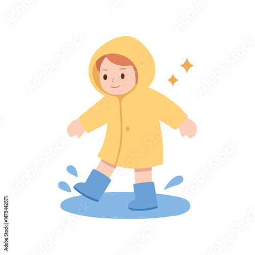 A child in a raincoat and boots joyfully splashing in a puddle. A cute and playful rainy day vector illustration isolated on white. Cartoon style, Children's Day.