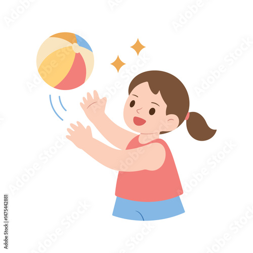 A cheerful little girl with a ponytail is playing with a beach ball. Cartoon vector illustration captures the joy of summer fun and active playtime. 