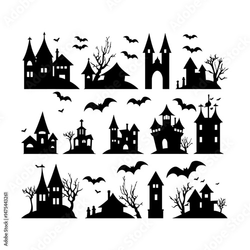 Haunted Castle with Bats Silhouette Clipart