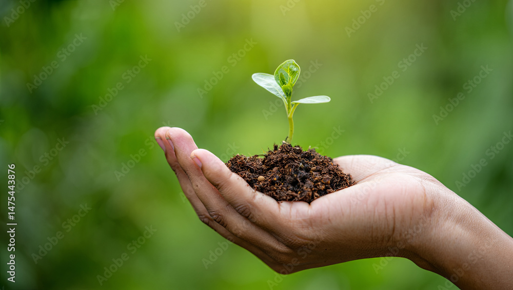 A hand gently supports moist soil with a budding green plant. The background features blurred greenery, indicating a lush garden environment during daytime A hand gently supports moist soil with a budding green plant. The background features blurred greenery, indicating a lush garden environment during daytime