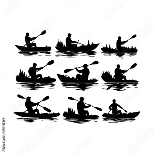 Kayaker in Action Silhouette Clipart on White Background