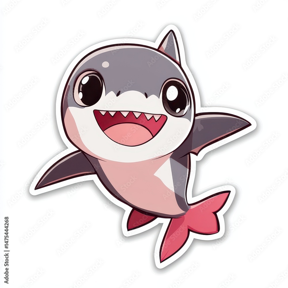 Cute Cartoon Shark Smiling Kawaii Style - Playful Marine Life Sticker Design Cute Cartoon Shark Smiling Kawaii Style - Playful Marine Life Sticker Design