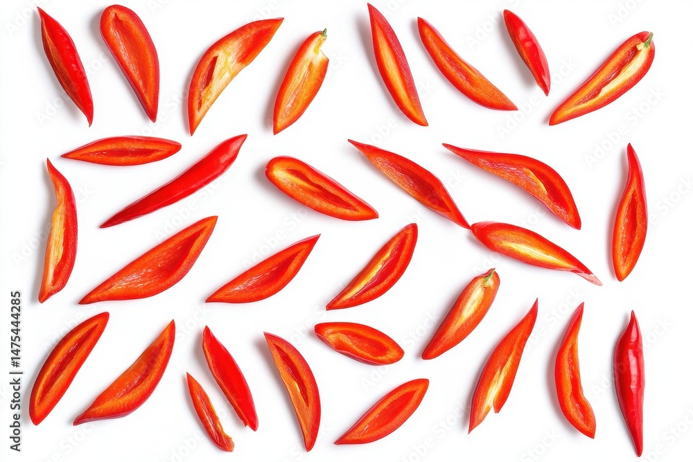 Scattered slices of red bell pepper create a vibrant pattern on a white surface Scattered slices of red bell pepper create a vibrant pattern on a white surface