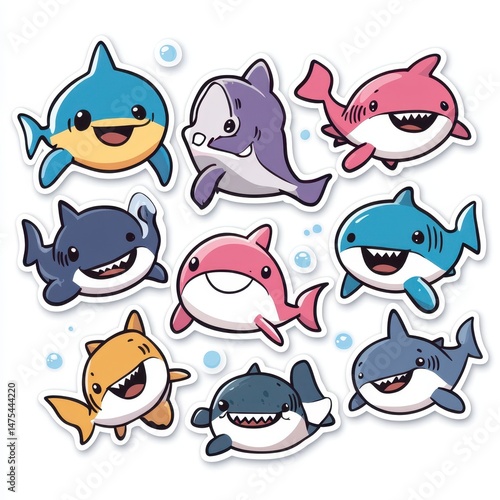 Cute Cartoon Shark Stickers: Playful Marine Life Illustrations