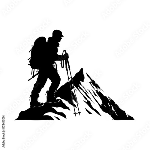 Mountaineer with Ice Axe on Summit Silhouette