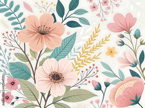 Wallpaper Mural Delicate Peach and Pink Floral Arrangement with Green and Gold Foliage Accents Torontodigital.ca