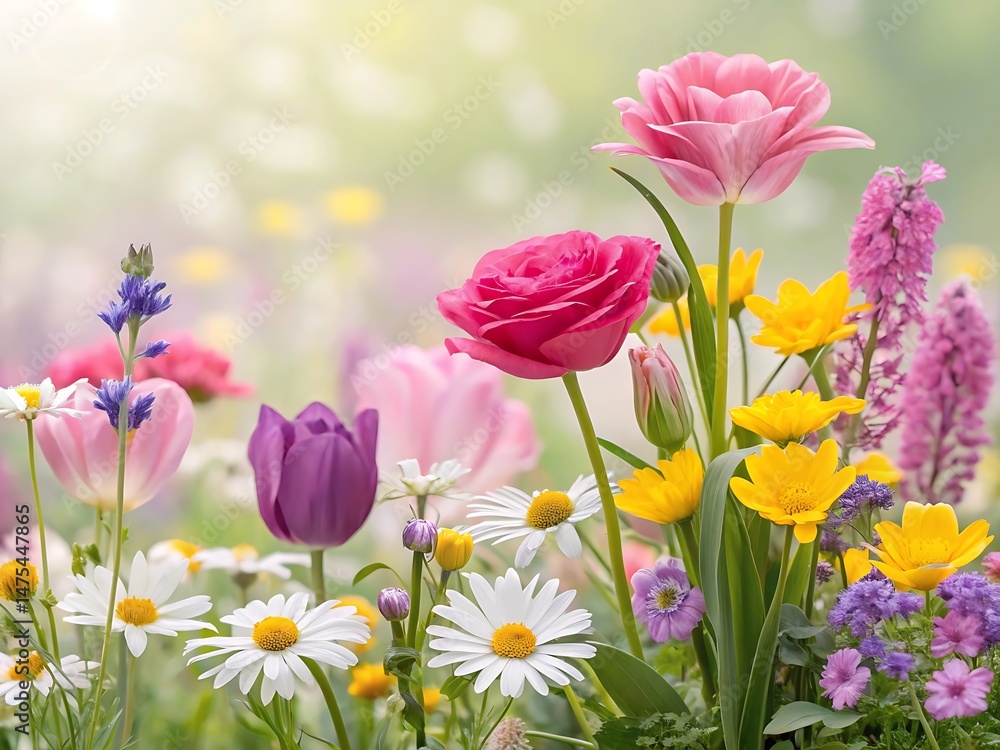 Obraz premium A beautiful spring meadow with colorful flowers blooming in soft light