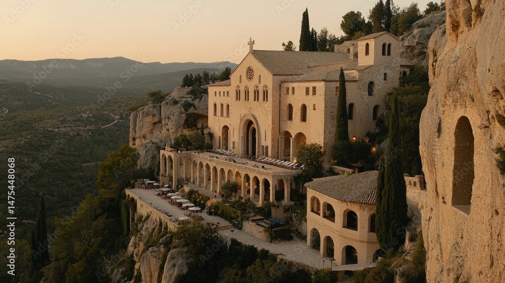 Fototapeta premium A stone building sits atop a dramatic cliff edge at dusk