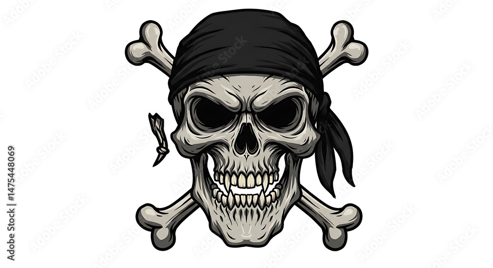 Fototapeta premium Pirate Skull with Bandana and Crossbones – Tattoo Vector Style