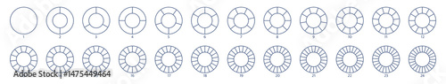 Segmented circles set. Diagram wheel parts. Line art segment slice sign. Circle section graph. Pie chart icon. Round diagram part infographic. Geometric element. Vector illustration