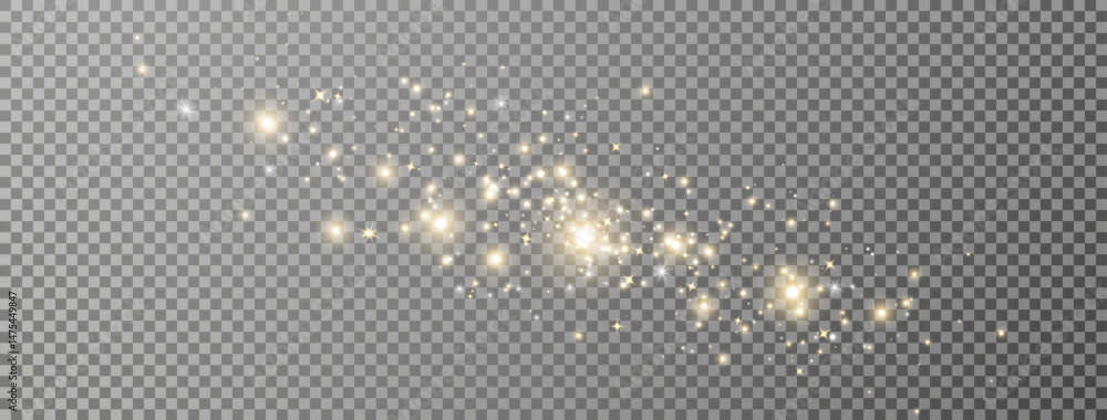 Glitter golden light and stars border. Christmas Holiday glow particle. Magic star effect. Sparkle bokeh. Shine luxury background. Festive party design. Twinkle flash. Fairy bulb. Vector illustration