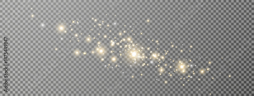 Glitter golden light and stars border. Christmas Holiday glow particle. Magic star effect. Sparkle bokeh. Shine luxury background. Festive party design. Twinkle flash. Fairy bulb. Vector illustration