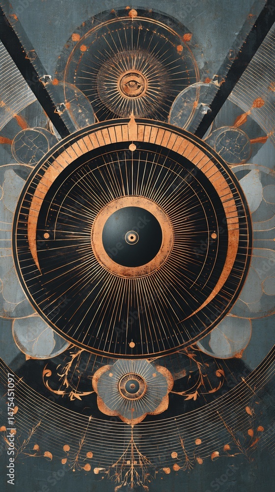 Fototapeta premium Geometric Precision: A Harmonious Arrangement of Shapes and Golden Details