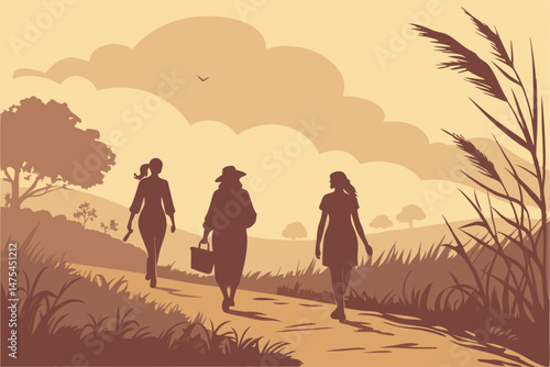81 Silhouettes of four women walking on a path, golden hour sunset, backlit figures, tall grass and reeds, dusty path, warm orange glow, atmospheric haze, rural landscape, friendship, sisterhood, adve