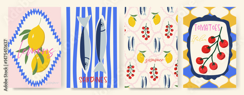 Modern abstract summer poster in sketch doodle style with hand drawn. Trendy design for cards, wall art, ads, print, decor, branding.  Amalfi, Italian sea coast hand drawn icons. Summer sea vacation. 