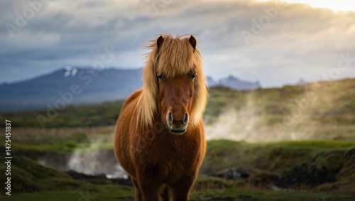 Majestic Icelandic Horse in Breathtaking Wild Landscape at Golden Hour