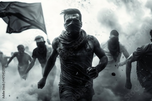 A group of masked male protesters in motion, amidst swirling smoke and chaos, conveying a powerful sense of urgency and struggle.