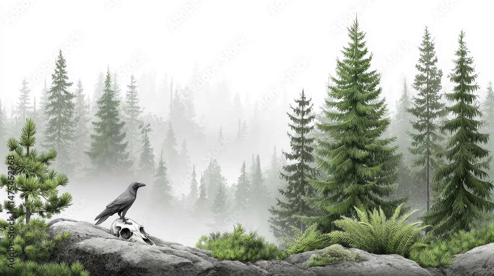 Naklejka premium Watercolor Raven and Skull in Misty Forest - A raven perched on a skull amidst a misty forest, symbolizing mystery, mortality, solitude, nature's power, and the passage of time