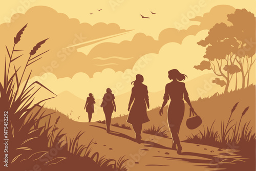 81 Silhouettes of four women walking on a path, golden hour sunset, backlit figures, tall grass and reeds, dusty path, warm orange glow, atmospheric haze, rural landscape, friendship, sisterhood, adve