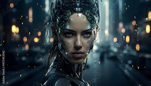 Futuristic female cyborg portrait with intricate cybernetic details and glowing elements. AI, robotics, and advanced technology concept for a sci-fi vision. Cyborg 4K Wallpaper backgrounds