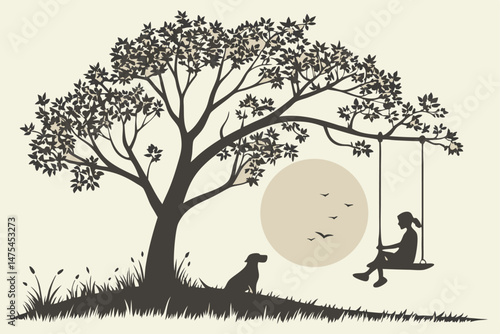 82 Silhouette, tree with spreading branches, person sitting on swing, dog sitting nearby, large setting sun, peaceful scene, black and white with beige sun, minimalist style, tranquil atmosphere, sere