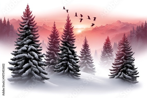 Watercolor Sunrise Winter Pines - Serene winter landscape, snow-covered pines, a breathtaking sunrise, migrating birds, and a misty meadow symbolize tranquility, hope, journey, nature, and peace