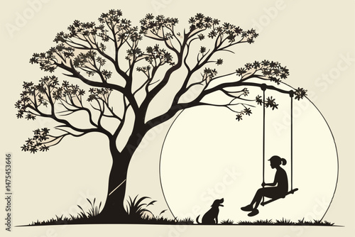 82 Silhouette, tree with spreading branches, person sitting on swing, dog sitting nearby, large setting sun, peaceful scene, black and white with beige sun, minimalist style, tranquil atmosphere, sere