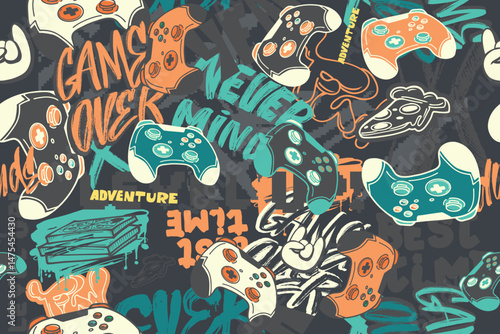 Gamers print. Street art style graffiti background with game pad vector illustration. Retro gaming ornament for boy, school textile. Game pads seamless pattern.
