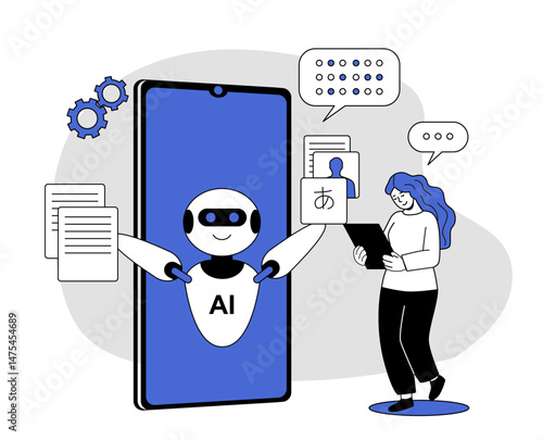 Cartoon-style AI assistant emerging from smartphone screen helping woman with translation and documents, on abstract background. Concept of smart technology. Vector illustration