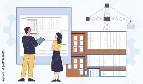 Two architects review a blueprint in front of a construction site illustration with a crane and modern building on a light background. Concept of architecture. Vector illustration